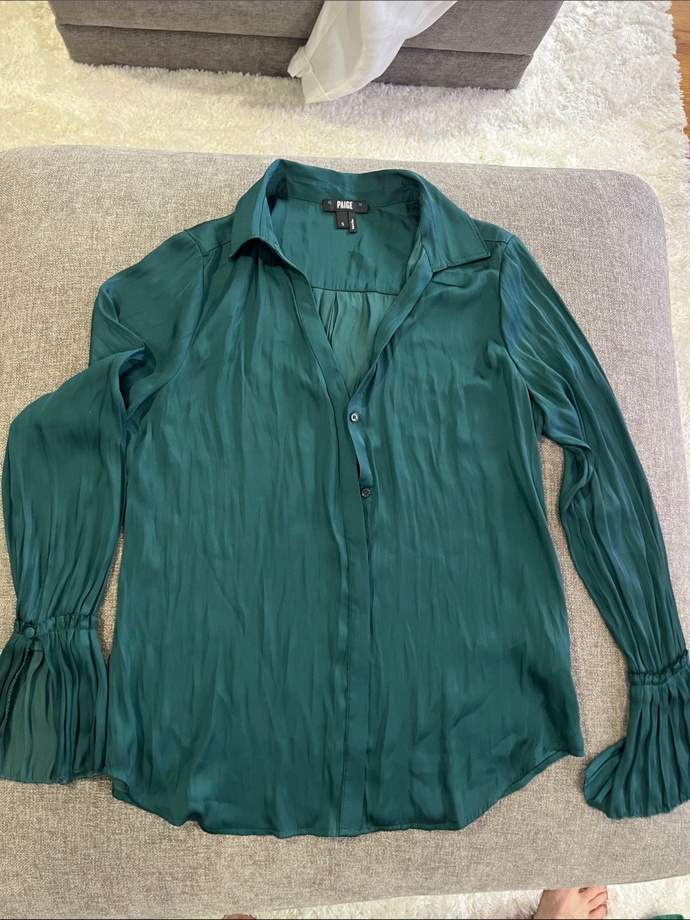 PAIGE Teal Green Satin-Look Pleated Cuff Button-Down Shirt